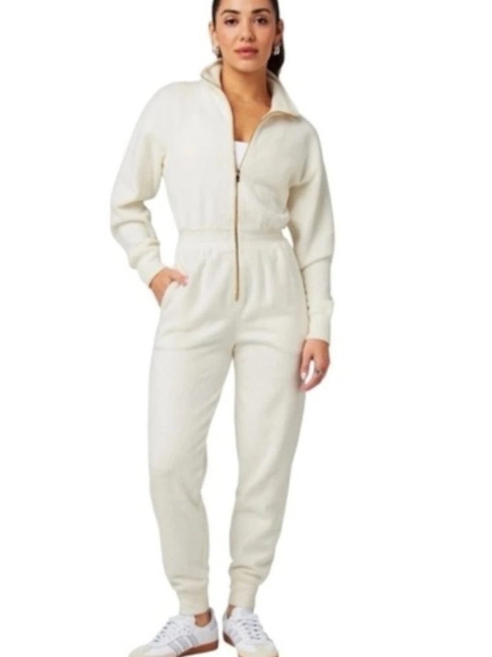 FABLETICS Cosy Cord Zip Jumpsuit In Cream/ Off White